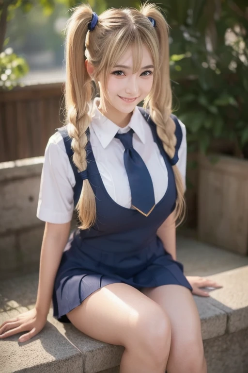 (8k), ( top quality: 1.2), ( realistic ), ( photorealistic : 1.37),  Ultra High Definition,  1 girl, cute, smile,  closed mouth ,  blonde twin tails , Beautiful Nose, whole body,  wet hair , Giant Dalcefo, pork,  school uniform, Thighs  