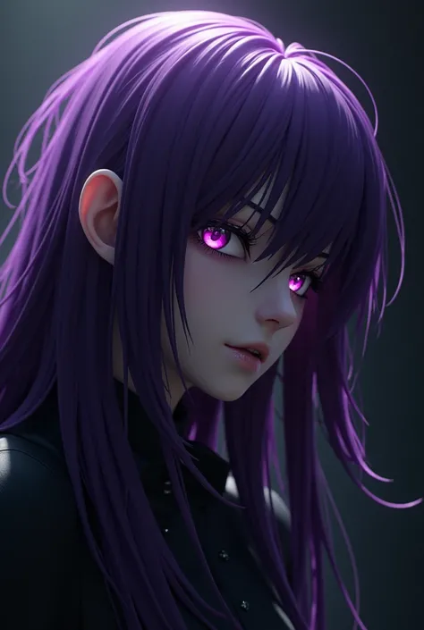 Create like anime 3d cartoon, purple, dark, gohtic, side angle of face, long hair, mix purple, with eternal theme, more fierce face, brutal, extreme and dark theme, change the nose a bit which not too sharp