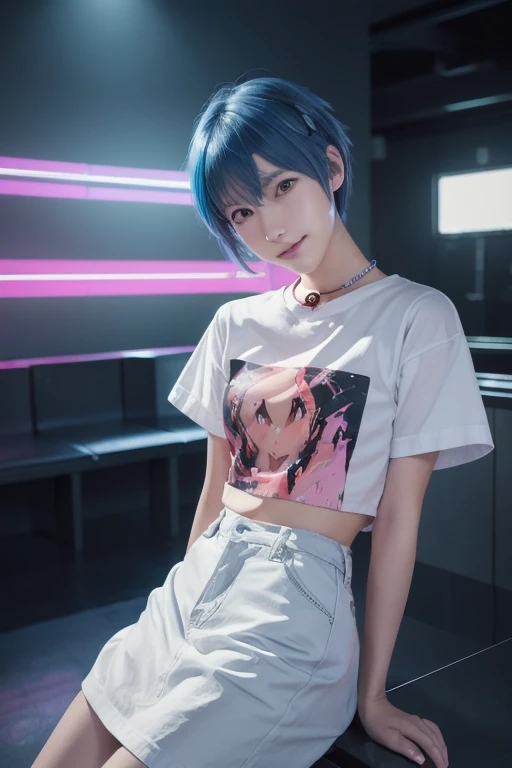   smile with a small text  ( Evangelion ),  Evangelion  (Hideaki),  caustics ,  high resolution illustration , red eyes,  feminine, No students,  blue hair,   shorthair,  A masterpiece portrait of a 、balance ,  loafers in white, Spank, Synthwave, paint Spl...