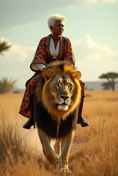 A 60-year-old black lady ,  with short white hair with bangs on the side,  riding on a lion in a savanna  