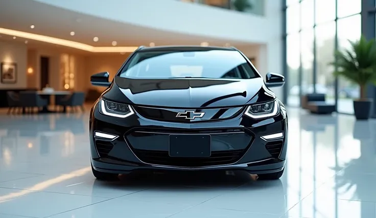 Close  back   view of painted  black with shiny clour   2025 Chevrolet Bolt EV, : sleek in large shape sedan in large size with  2025 Chevrolet Bolt EV,: sleek logo on its large detailed grille in shiny black clour with angular sporty design captured from ...