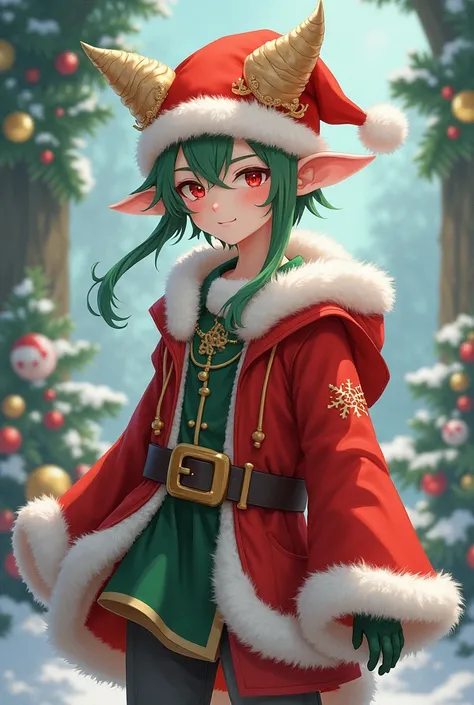 Male Guy in red and green christmas outfit with a crown sheep ears anime