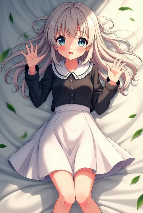 Create an anime-style image showing a young and beautiful girl with long hair, who is lying down and with a surprised face looking straight ahead and uncovered and wearing what she wears in a white skirt and black blouse, The girl is barefoot  