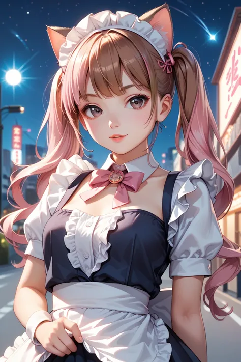 best quality, ultra detailed, city, skyscraper, schoolgirl, maid, delightful, flushing, standing, looking at viewer, front view, high twintails, pink hair, brown hair, brown eyes, fair skin, pale skin, glamorous, frilled clothing, with cat ears, 20-year-ol...