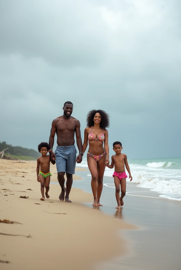 an african father and halfcast family with wife wearing bikini walking along the beach during overcast 