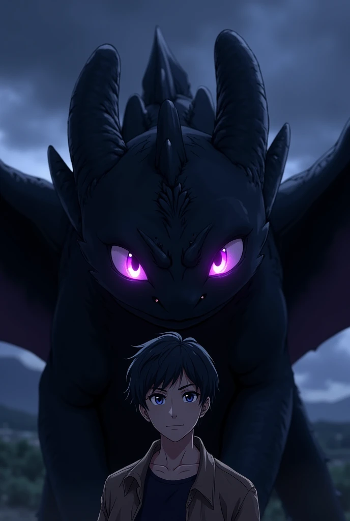 Anime man with cool night fury dark black dragon in how to train your dragon with dark purple glowing  eye in the eye of the dragon  and dark purple with glowing dark purple in hes eyes