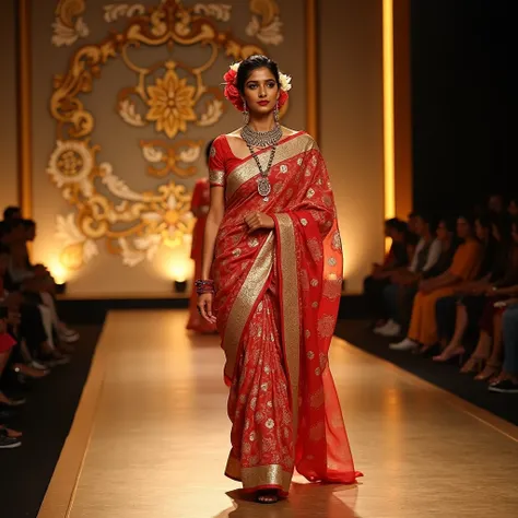 A beautiful Bangladeshi ramp model confidently walking down a dazzling fashion show stage. She is wearing a vibrant traditional red and gold Jamdani saree with intricate patterns. Her hair is styled in a classic bun, adorned with a fresh flower garland. Sh...