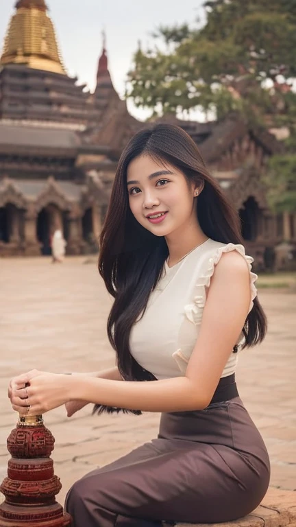 Beautiful and elegant, young Burmese woman, 20 years old, smiling face, happy eyes, pleasant smile, curvy body, not short, not tall, beautiful Burmese dress, long hair, fair skin, high hips, world record-breaking Pagoda pagodas as a natural background, hig...