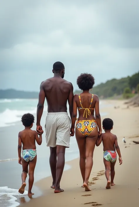 an african father and halfcast family with wife wearing bikini walking along the beach during overcast 