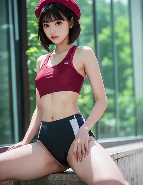 The beauty of 8k RAW photography:2.0,   Japanese woman with a viewing angle of,  red hair、Wear a beret、 short bob hair,  amazing face and dark eyes ,  Look Down,  watching the audience:1.5,  Little Smiles ,  wet hair ,   spread your legs , Small Top, (Red ...