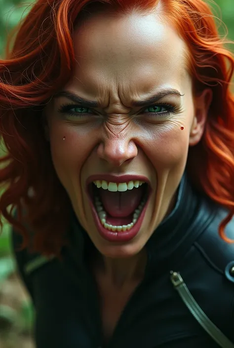 Close-up image of Black Widow characters face in superhero movie screaming angrily,forest scene