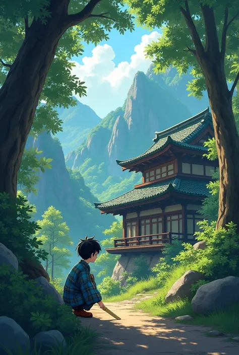  Anime work about a  boy holding a wooden sword , Caucasian Black Hair Slightly Curly White Skin Emerald Eyes Wearing Plaid Blue Kimono,  sitting on the doorstep of a traditional Japanese house in the mountains,  around a dense forest of deserted wild tree...