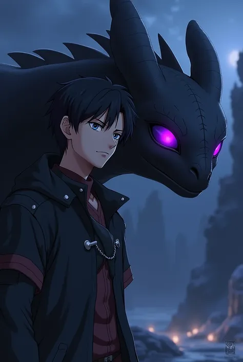 Anime man with cool night fury dark black dragon in how to train your dragon with dark purple glowing  eye in the eye of the dragon  and dark purple with glowing dark purple in hes eyes