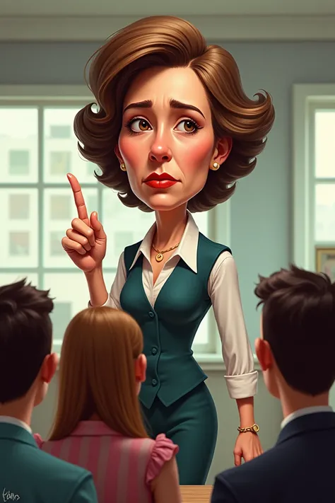 A funny caricature of Karen lecturing a group of people, her finger pointing at them as she looks down her nose.