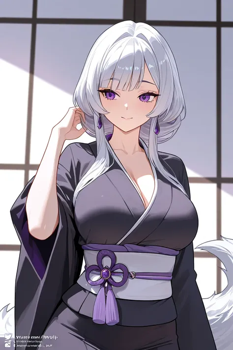 Waifu milf with a wolfs ear and a long wolfs tail, with long gray and white hair, with purple eyes, monster girl, High resolution ,  masterpiece, UHD, HD model, con kimono 