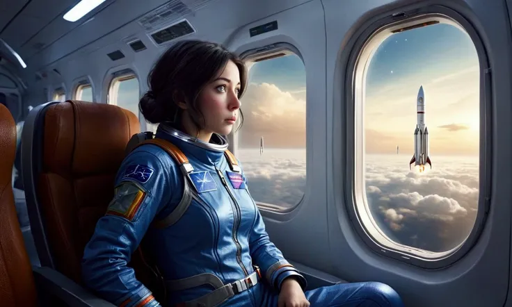 A cute woman (age 25, sad, lonely, space explorer outfit), she is looking out the window sadly on a commuter rocket full of android passengers. Lonely commuter flight through the stars
