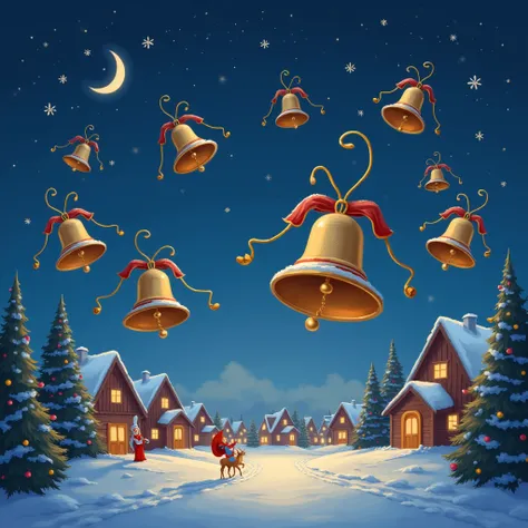 Ten giant plated hand bells are floating in the sky and playing Christmas songs on a holy night. city night sky, This is cute fantasy art that looks like a fairy tale picture book, ultra detailed, absolutely resolution, masterpiece