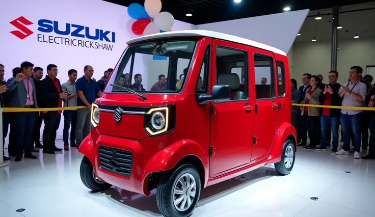 "Create a highly detailed, realistic image of the 2025 Suzuki Electric Rickshaw showcasing its front and curvy side view, displayed during an exciting opening ceremony in a modern showroom. The rickshaw is painted in a bold, vibrant red with a glossy finis...