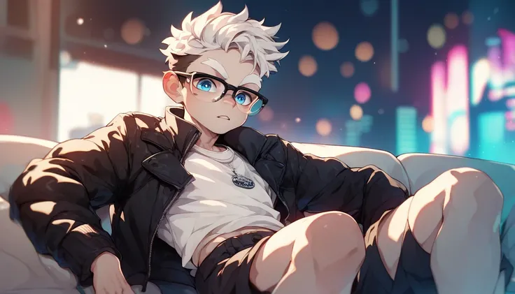 A young boy in black jacket over white tshirt white hairs white eyebrow blue eyes seated on sofa background is full of skyscraper night City lights Bokeh black rounded glasses on eyes 