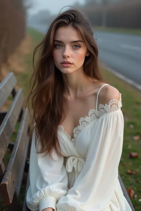 A girl 23 year old british girl wearing white full sleeve elegant top sitting road side bench. She has brown long hair. Morning cold environment low light. Realistic hd selfie image