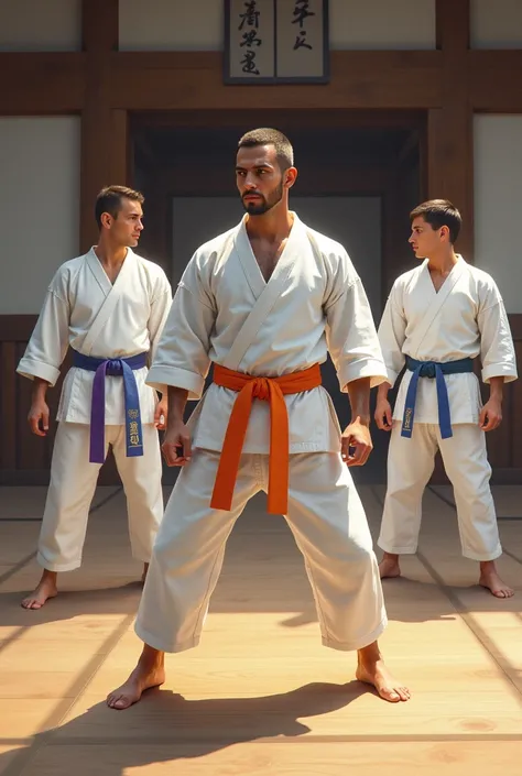  Several karate fighters on the other side,  with white kimono and white belt, orange belt, green belt, blue belt, purple belt and black belt , in a karate DOJO 