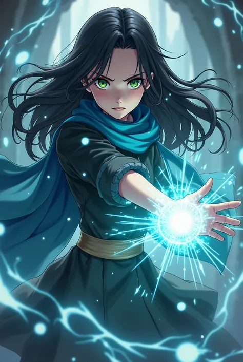 Anime Girl, Blue scarf, (A (severus snapes daughter:((11years old)) european girl,black hair, green eyes), Doing Gojo’s domain expansion 