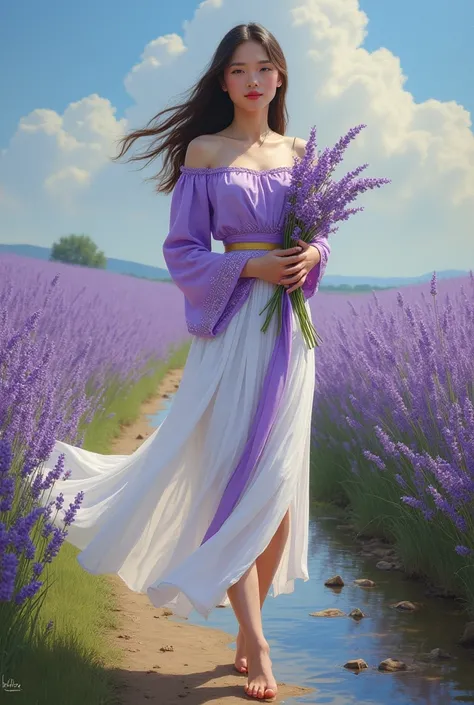 full length A beautiful, sweet, and gentle young woman of 20 years old, wearing a purple and white Dusit Thai dress, a gold belt, a long white skirt with purple sparkles, flowing, holding a bunch of lavender flowers, in the middle of a small meadow with a ...