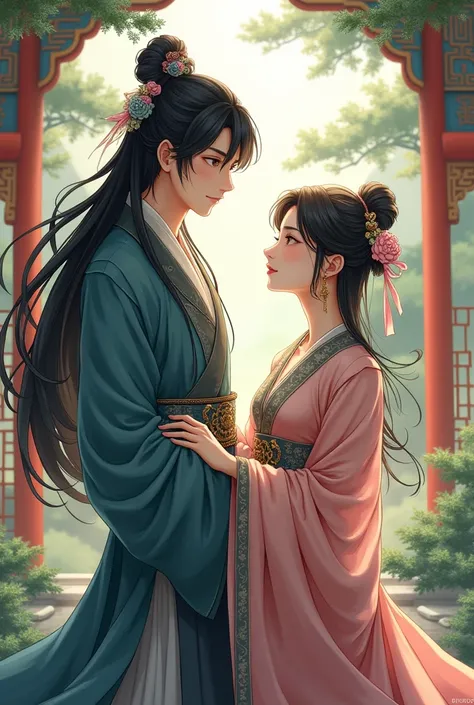 Anime character, ancient Chinese, two man, handsome and cute, long hair, Black hair, white skin, 185 cm and 178 cm 