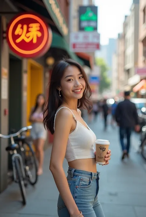 - **Visual Elements**:  
The image features a beautiful Asian woman in her early twenties, standing confidently on a bustling city street. She is dressed in stylish yet casual attire—perhaps a flowy summer dress or a chic ensemble of high-waisted jeans and...