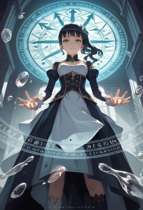 (A (severus snapes daughter:((11years old)) european girl,black hair, green eyes) , masterpiece, High resolution, anime style beautiful girl, Being in a dirty glass, immersed in liquid, homunculus, magic circle, small room with phosphorescent flash, Perfec...