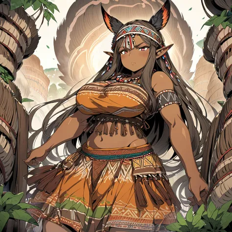 Anime, high detailed, 1 woman, fairy woman, elf ears, extremely long alburn hair, tanned skin, curvy body, big Breasts, tribal villager clothes, tribal clothes, ornamented headband, skirt, narrowed eyes, serious, butterflys wings, 