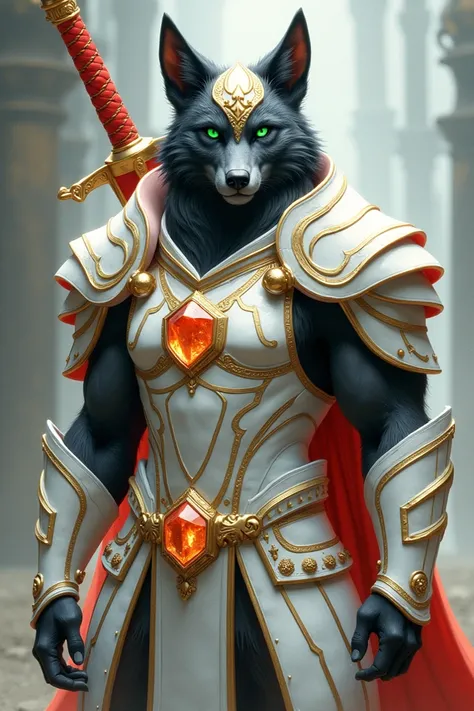 Furro with black fur rasa wolf in white armor with golden lines a crystal on his chest green eyes 2 meters tall with a large red katana