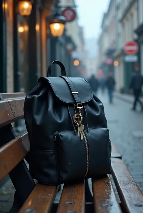 A black bagpack with cut key chain on a wooden bench near british street side. Cold morning low light environment. Realistic hd selfie image