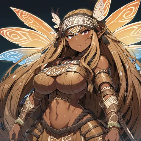 Anime, high detailed, 1 woman, fairy woman, elf ears, extremely long alburn hair, tanned skin, curvy body, big Breasts, tribal armor, tribal warrior armor, tribal headband, skirt, narrowed eyes, serious, butterflys wings, 