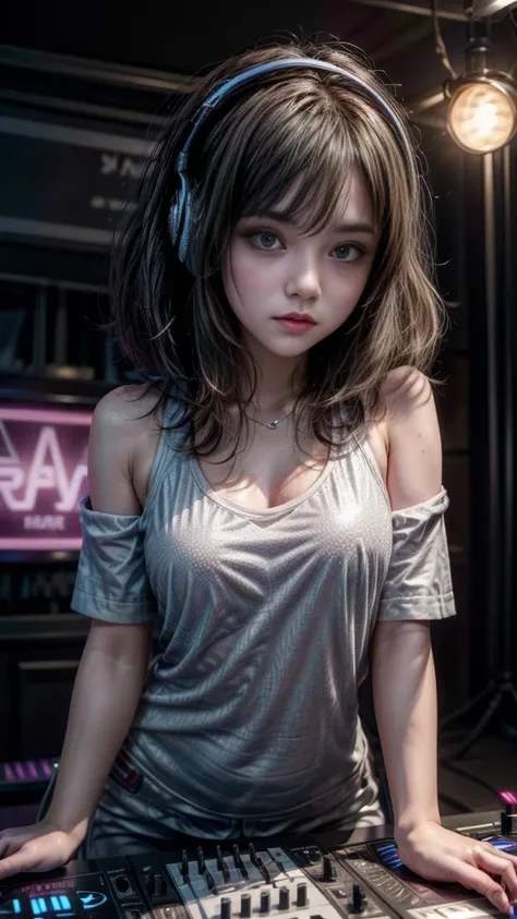 ((DJ girl at nightclub, Super popular DJ player, Enjoy operating DJ equipment:1.2)), (beautiful girl, Baby Face:1.5, Cute Face), Perfect Style,  ((Detailed eyes and face, Professional photography techniques, Cinema Lighting)), Fine hand, (Highest quality, ...