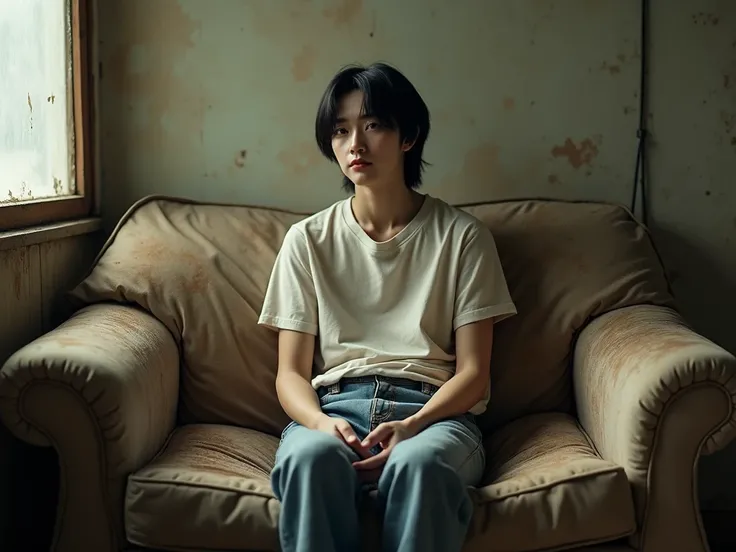 Realistic, dirt Sofa toilet, A Korean man with boyband middle long hair, Sit on toilet, 