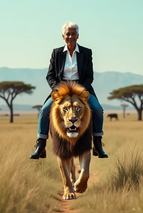 An elderly black woman aged 60, with 1,57 tall, with modern short white hair with bangs to the side, with jeans, And white shirt and black blazer, and black boots,  riding on a lion in a savanna  