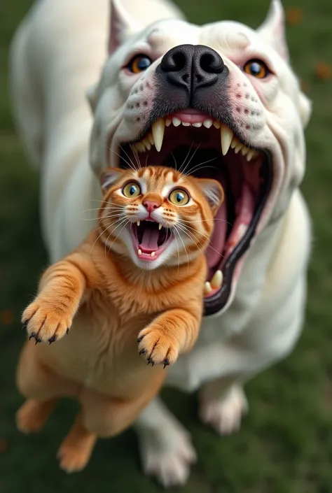 cornerback interception, red meikun cat in the air, huge live surprised eyes, the sausage flies right into his mouth, upside down, shrieking, pulling his paws into the lens, taking selfies, top view, background over the giant mouth of a white bulldog, bird...