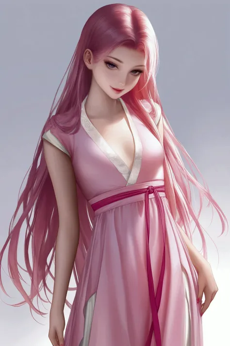 pink hair ,pink hanfu, small breasts, very long hair, seductive smile, masterpiece, best quality, realistic, 8k, official art, cinematic light, ultra high res, perfect female body, sharp focus, guofeng, 1girl, solo, chinese clothes, realistic, nail polish,...