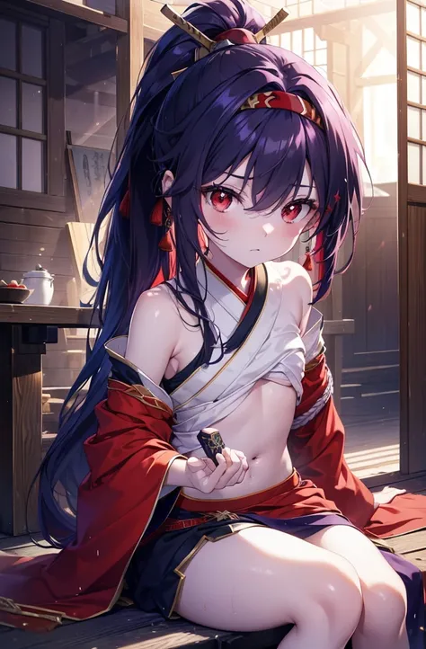 yuukikonno, Yuki Konno,  headband,  long hair,  holding a star , ponytail ,  purple hair, (red eyes:1.5), ( small breasts:1.2),  open your mouth , red kimono,, White foot bag ,Sandals,Japanese sword 1 : with grip in 1 hand ,
break looking at viewer,  upper...