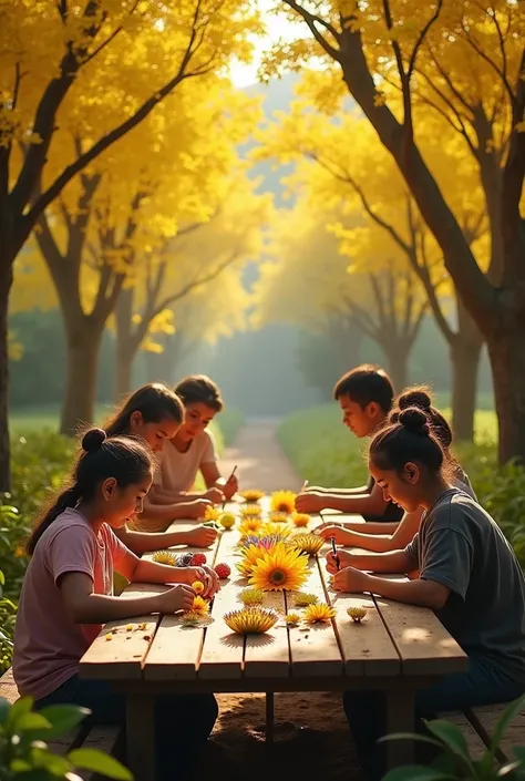 Picture of my farm of yellow guaiacan trees people at a wooden table making resin accessories 