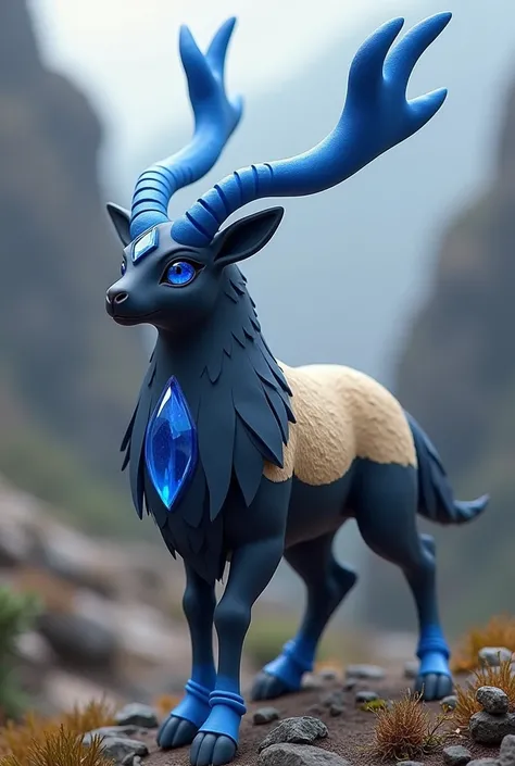 Pokémon based on a dark-colored huemul, with blue horns ,  a lapis lazuli jewel between the eyes and on the belly beige fur