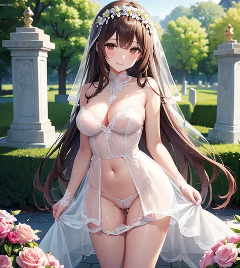 NSFW, (Wonderful and exquisite Yuuki Mikan),  Brown Eyes ,  long brown hair ,, （ transparent short veil ：1.5）, Alone, Very delicate, Straight face,  incomparably beautiful girl with excellent estimates,  soft, (Functional), (Naughty), (Cute), Delicate face...