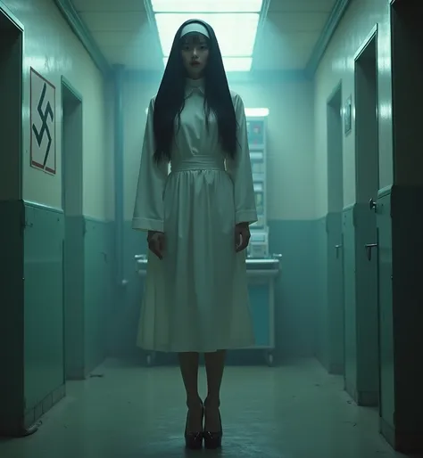 (Actual picture 1 .5), (( best quality )), ((masterpiece)), ( Detailed ) 1 woman(white sexy nun suit,,22 years old,  Korean girl, miniskirt, shoes( high heels) ,Attention, Immovable posture ,skirt,  Operating Room in the Democratic Peoples Democratic Repub...