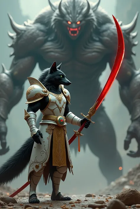 Furro with black fur rasa wolf in white armor with golden lines a crystal on his chest green eyes 2 meters tall with a big red katana wielding the sword same character giving a sword to a monster 