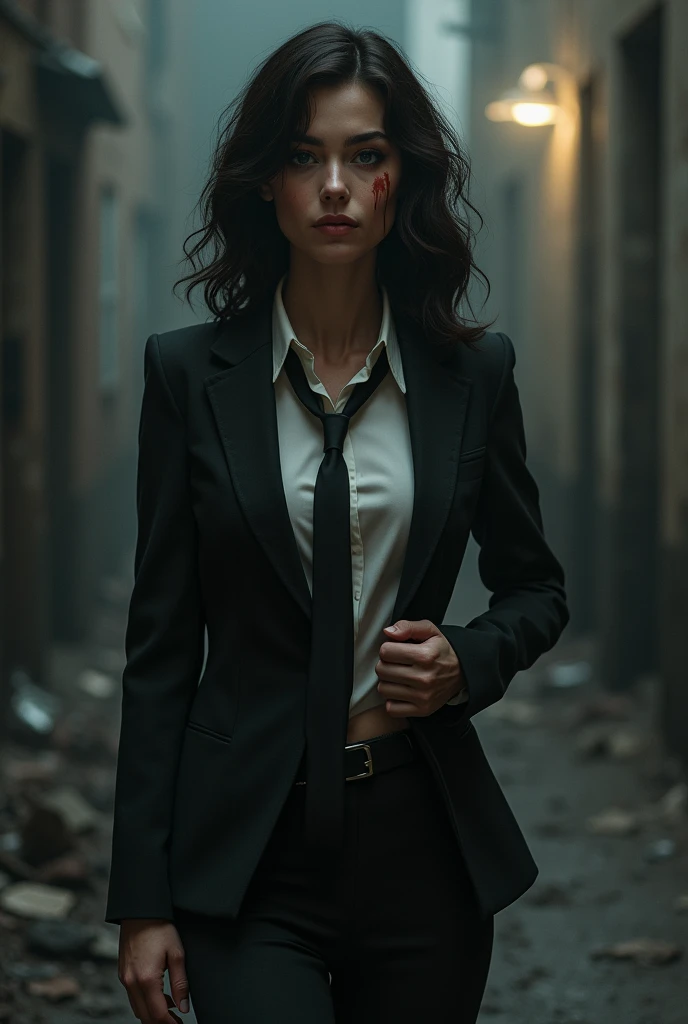 Create me an image of a beautiful woman in a suit and tie wounded with a knife 

