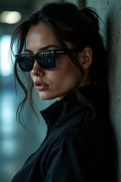 Jpeg image of a female assassin shooter wearing sunglasses