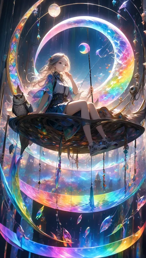   Attractive Fishing Girl Sitting on a Crescent Moon  , owl，1 person,  A very thin fishing line hangs straight from his fishing rod,  beautiful earth attached to the top ,  transparent and beautiful interior lighting ,  Artistic Design,  dark pop fantasy ,...