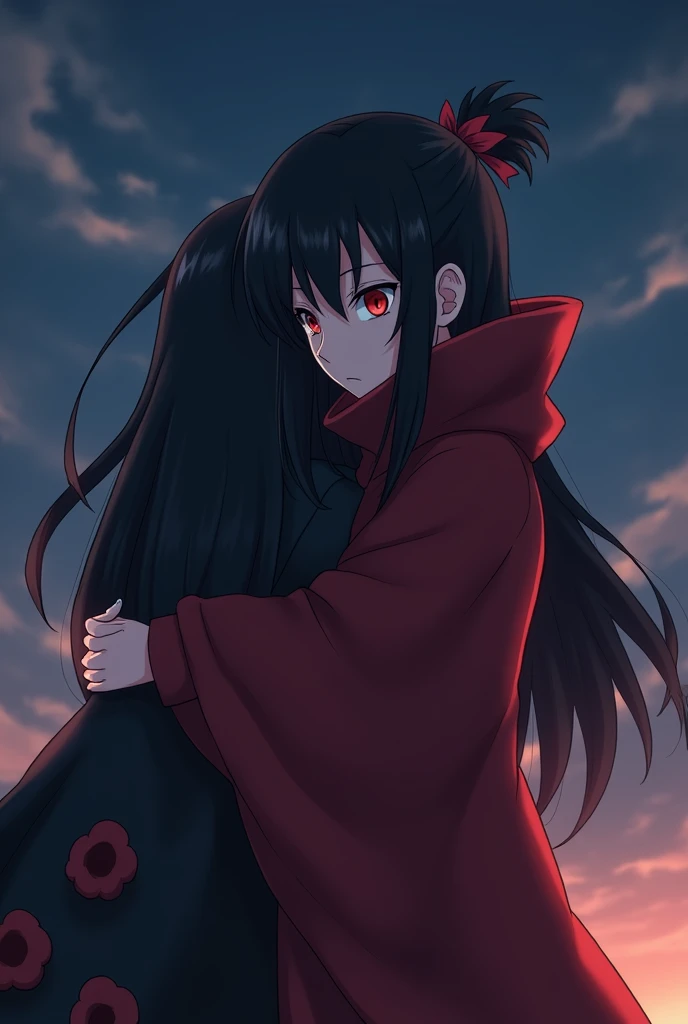 Ninja woman Akatsuki, anime naruto, akatsuki, Wear Akatsuki cape ,  long hair ,  black hair , red eyes,  white skin , in the company of Obito , night background, hugged,  birthday gift for the girl,  Obito delivering gift 