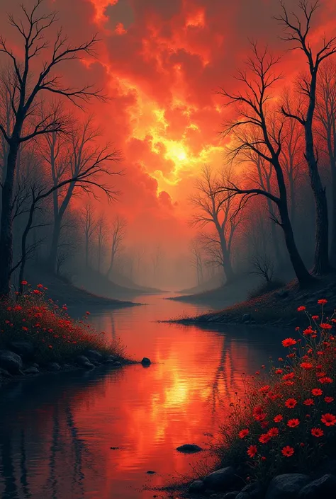 /image 

>  A surreal landscape where the fiery sky of hell is reflected in a tranquil lake of paradise,  creating a haunting and beautiful image .  Withered trees rise from the hellish lake ,  while bright flowers bloom from it , connecting both kingdoms ...